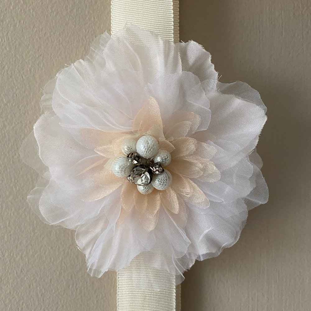 Flower & Rhinestone on Grosgrain Ribbon Ivory Bridal Sash Wedding Belt
